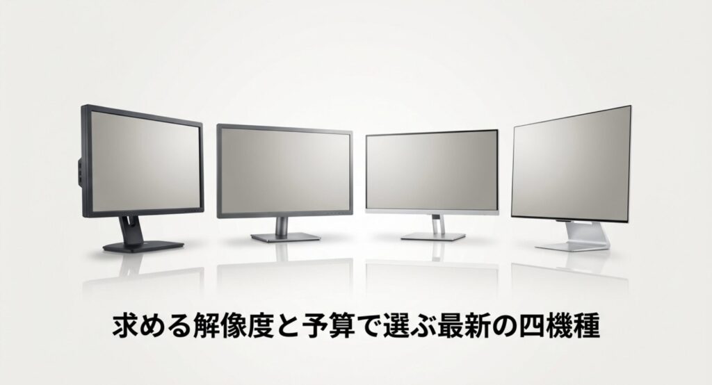 EX240NやEX270QMなど、求める解像度と予算で選ぶ最新モニター4機種を並べたスライド