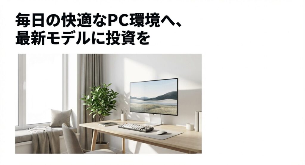 観葉植物と最新モニターが配置された快適なデスク環境の画像