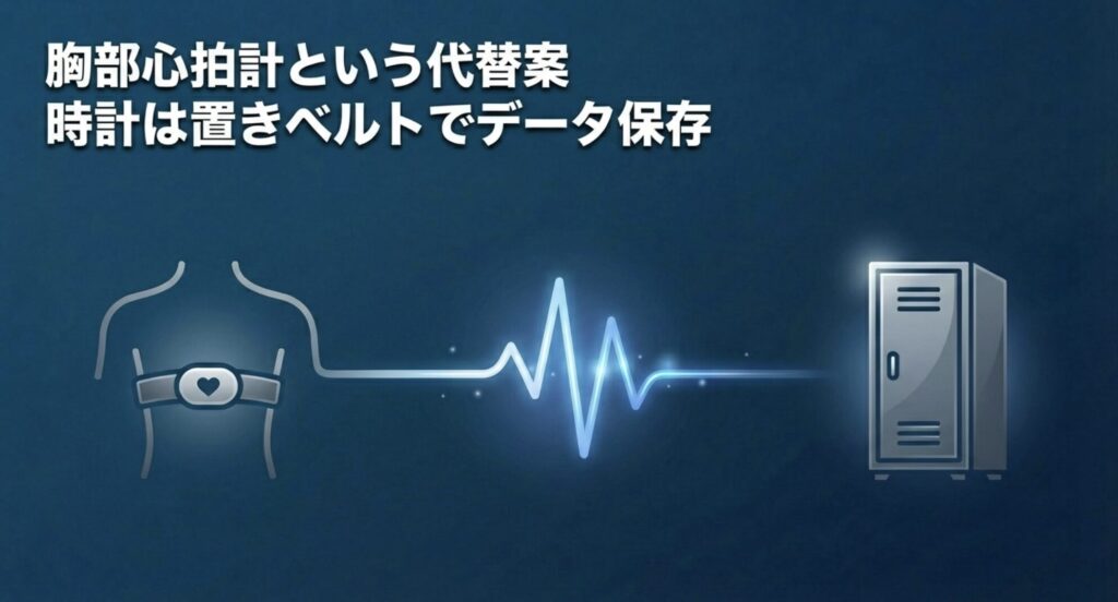 時計本体は外し、メモリ内蔵の胸部心拍計ベルトを使ってデータを保存する代替案を解説したスライド