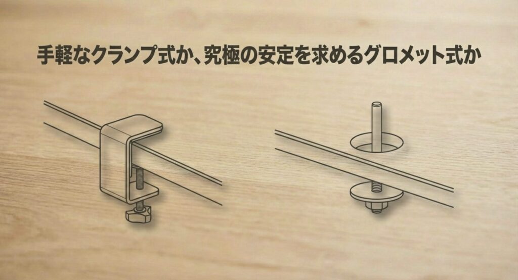 デスクの端に挟むクランプ式と、天板の穴を通すグロメット式の構造を図解したイラスト