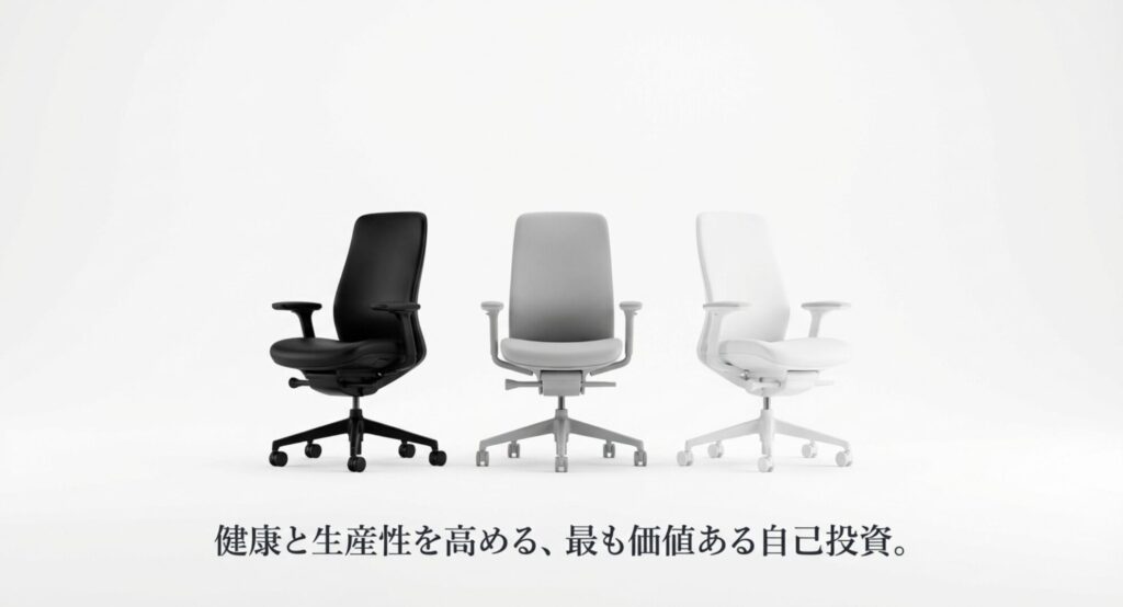 健康と生産性を高める自己投資として、ブラック・グレー・ホワイトの3色から選べる COFO Chair Pro 2 のまとめ画像