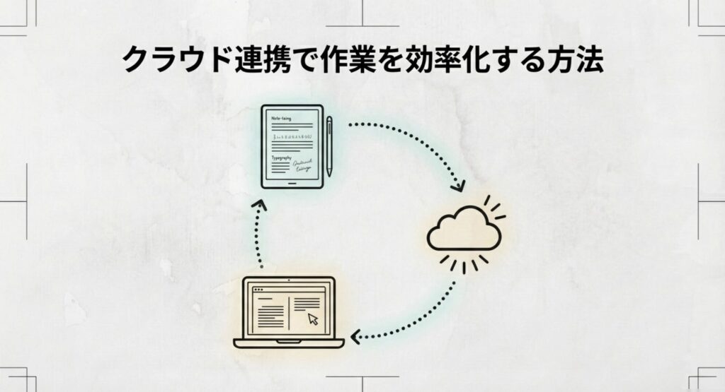 E-inkタブレットとノートパソコンがクラウド経由でデータを同期するイメージ図