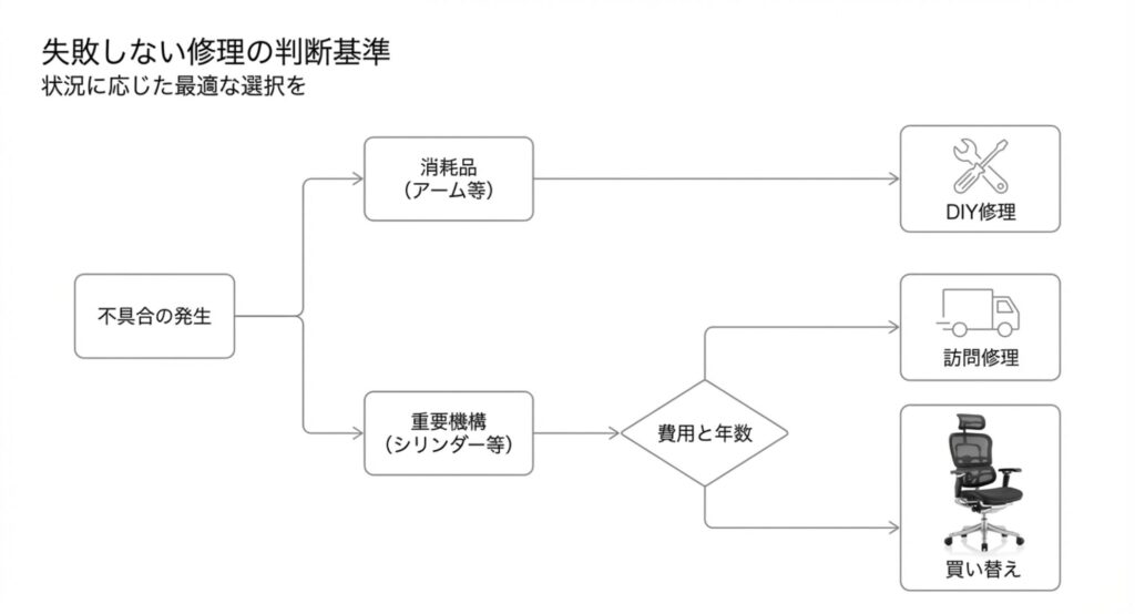 不具合の発生箇所や費用に応じてDIY・訪問修理・買い替えを判断するフローチャート画像
