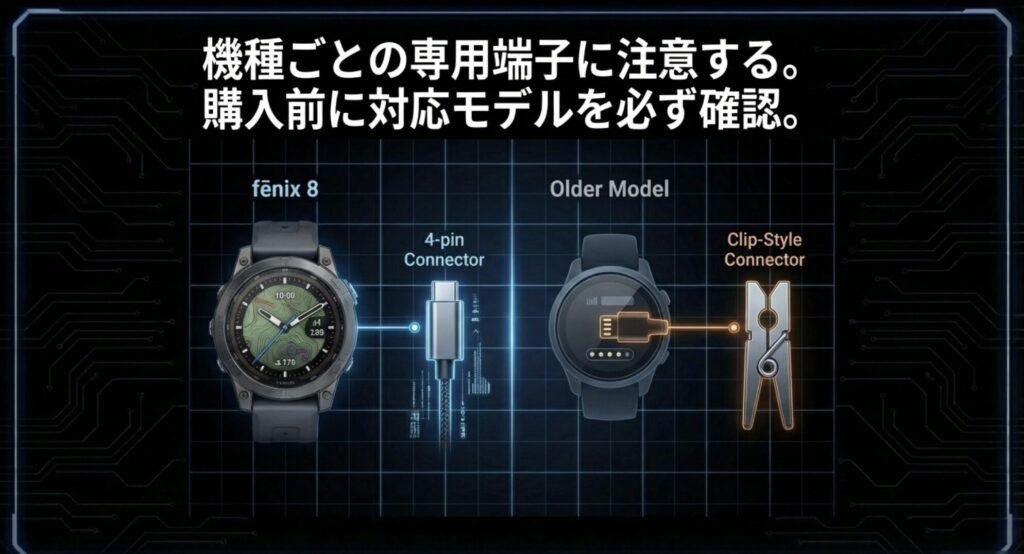 ガーミンの充電ケーブル購入前に、対応モデルと端子形状（4ピン、クリップ型など）を必ず確認することを示すスライド