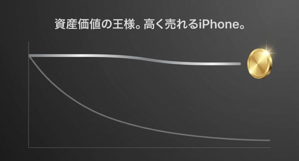 長期間価値が落ちにくく、高く売れるiPhoneの資産価値を示すグラフと金貨のイメージ