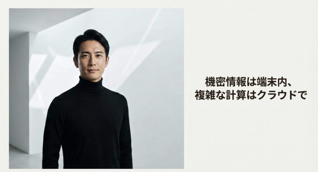 機密情報は端末内で、複雑な計算はクラウドで行うハイブリッド運用法を示す男性のスライド画像