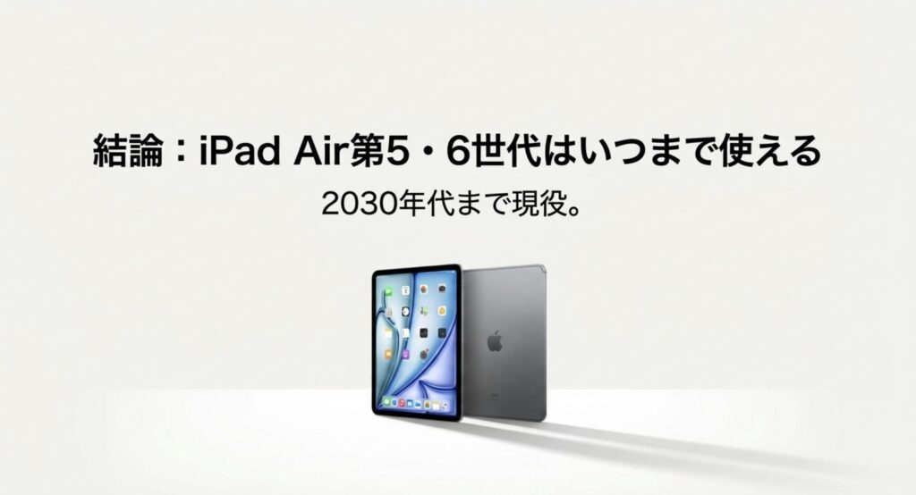 iPad Airのホーム画面と背面デザイン、および2030年代まで現役で使えるという結論の解説