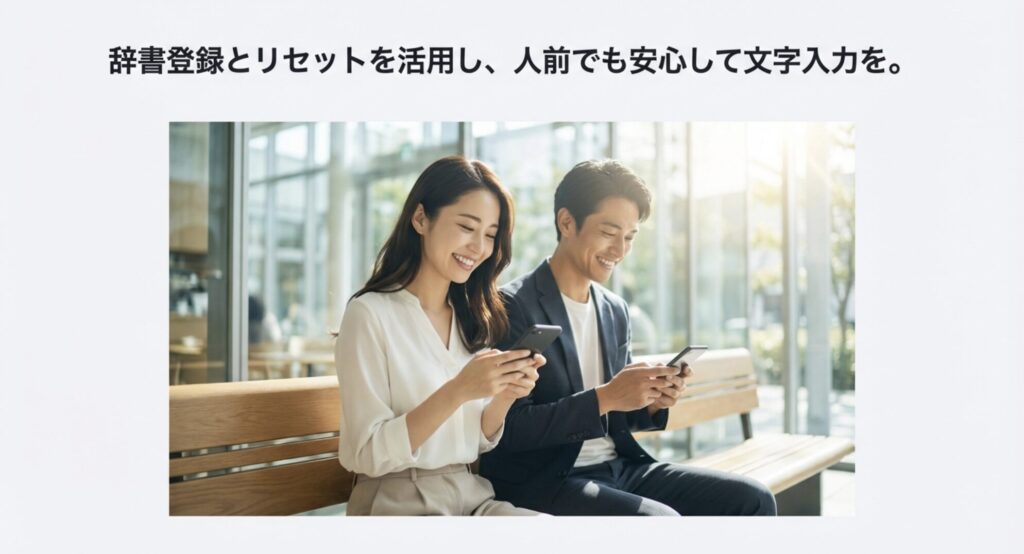 予測変換の問題を解決し、笑顔でiPhoneを使う男女