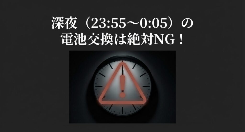データ消失を防ぐため深夜帯の電池交換がNGであることを示す警告イメージ