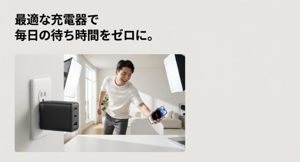最適な充電器を使うことで、毎日の充電待ち時間をゼロにする様子を示すスライド