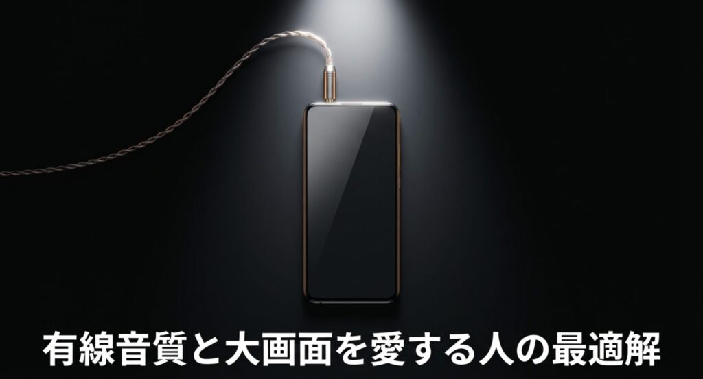 有線イヤホンの音質と大画面を重視する人にとってXperiaが最適解であることを示すスライド画像