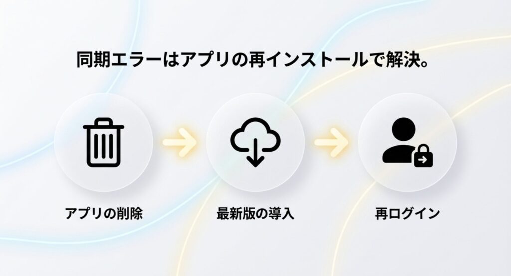 同期エラーを解決するためのアプリ削除、最新版導入、再ログインの3ステップ