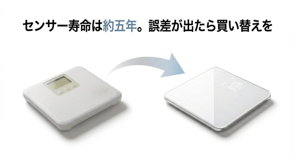 体組成計のセンサー寿命は約5年であり誤差が出たら買い替えが必要であることを示す画像
