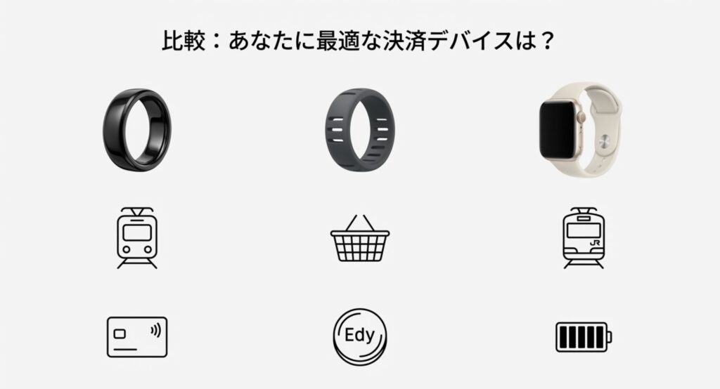EVERING、RINGO、Apple Watchの3つのデバイスを並べた比較画像。ライフスタイルに合わせて最適な機種を選ぶためのまとめ図。