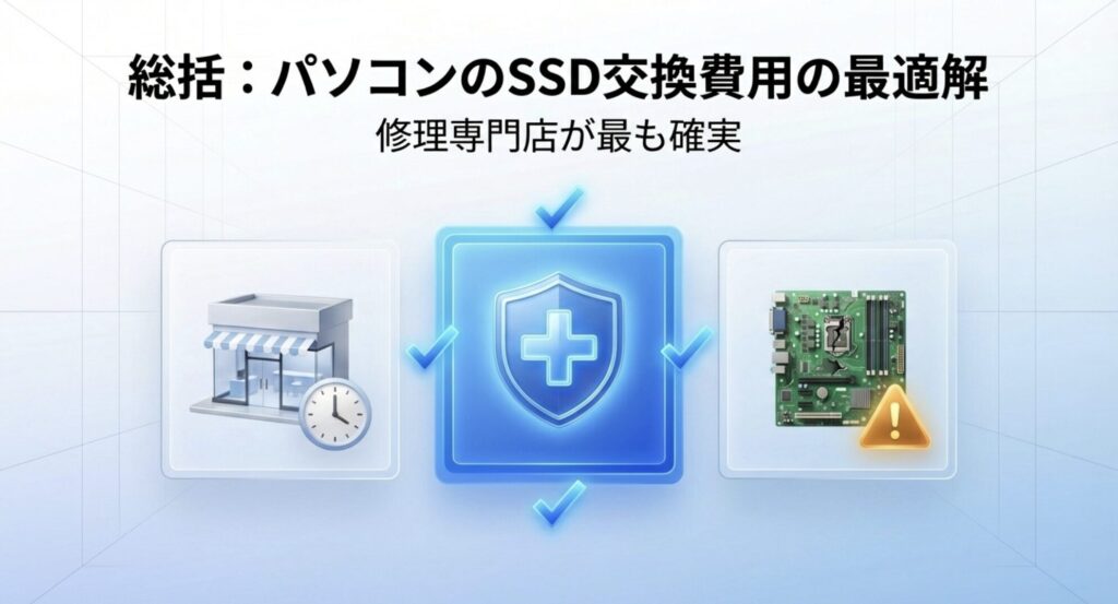 パソコンのSSD交換費用は修理専門店が最も確実であるという総括スライド