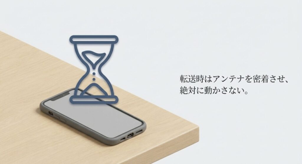 転送時はアンテナを密着させ絶対に動かさないことを示す砂時計とスマホのイラスト
