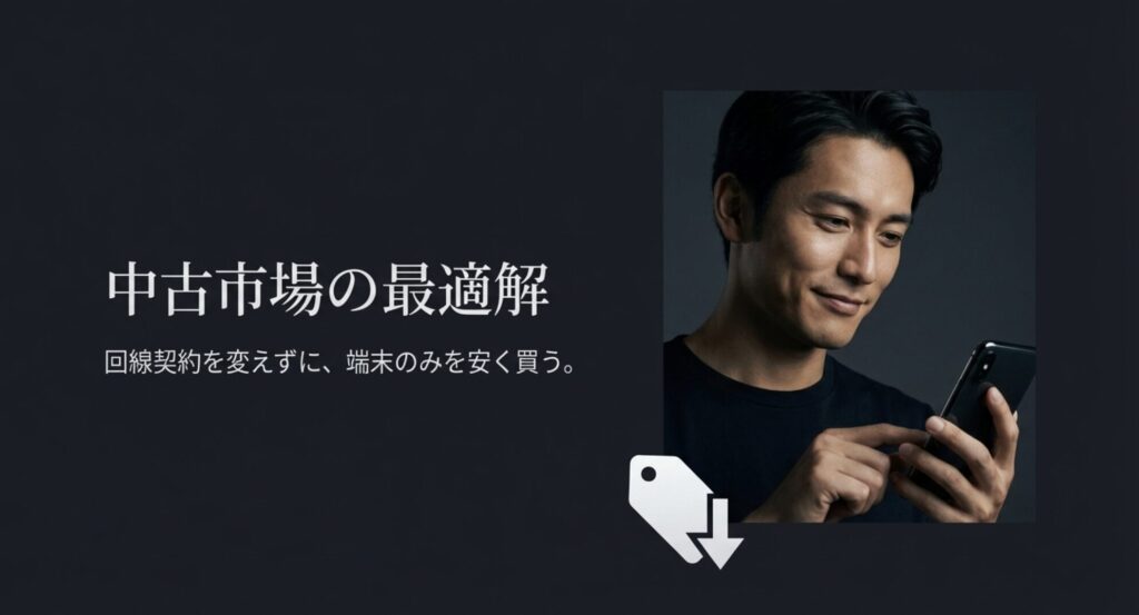 スマートフォンを操作して微笑む男性。回線契約を変えずに端末を安く買う最適解を表現。