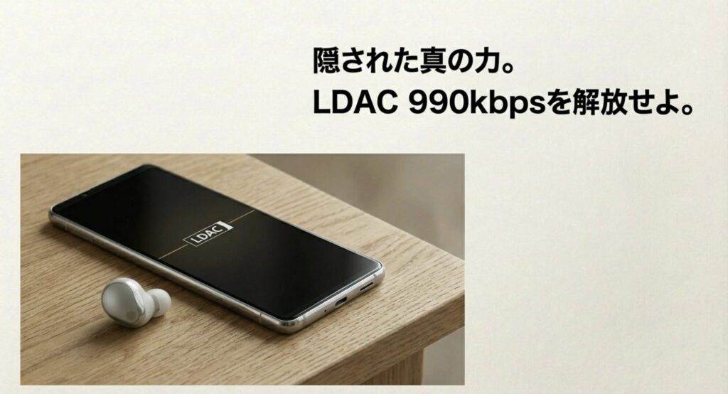 スマホ画面に表示されたLDACのロゴとWF-1000XM5のイヤホン。「LDAC 990kbpsを解放せよ」のテキスト