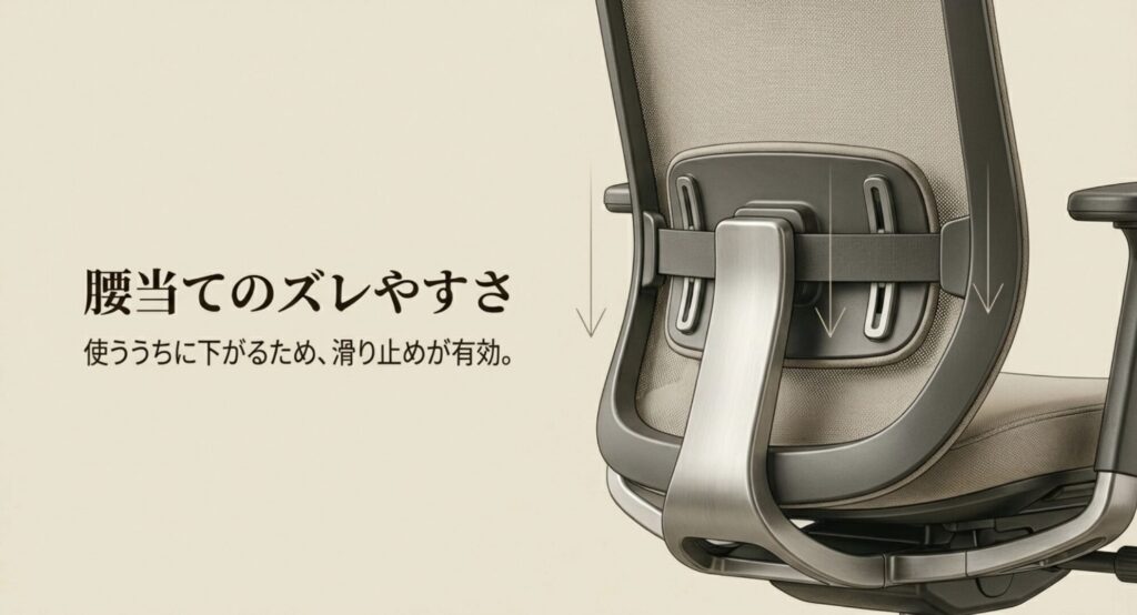 フリーダムチェアの腰当て(ランバーサポート)が使ううちに下がりやすい構造であることを示す背面画像