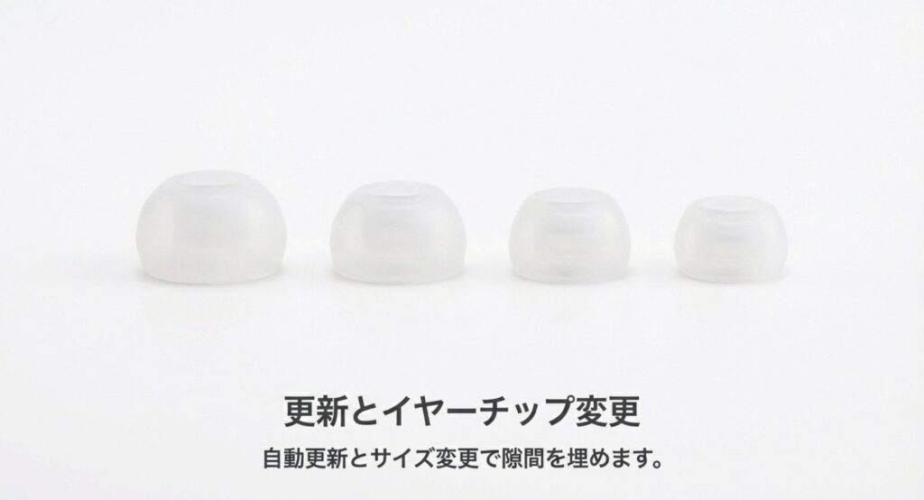 AirPods Proのファームウェア自動更新とイヤーチップ変更による改善策のスライド画像