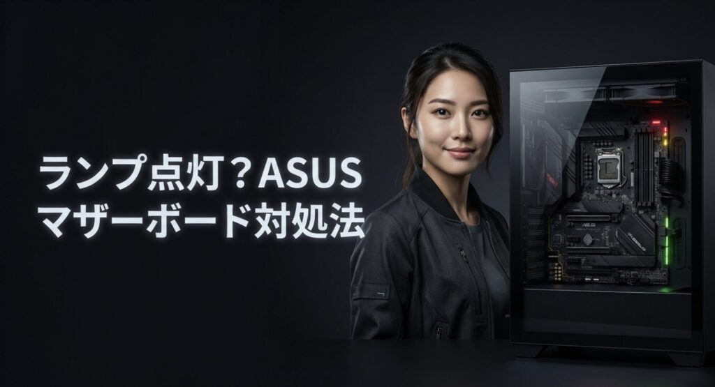 ASUSマザーボードのランプが点灯して起動しない場合の対処法を示すアイキャッチ画像