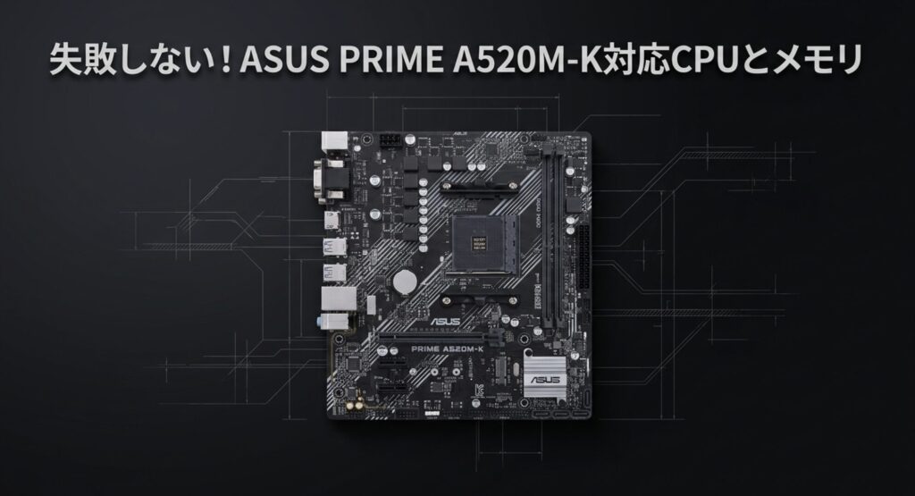 ASUS PRIME A520M-Kのマザーボード本体と対応CPU・メモリの全体解説スライド