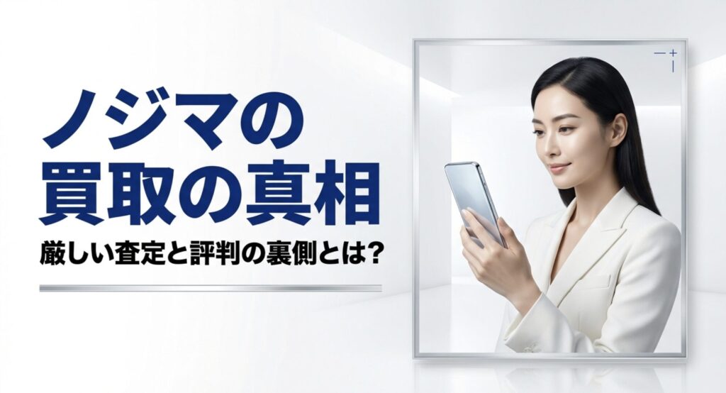 スマホを見る笑顔の女性とノジマの買取の真相を示すタイトル画像