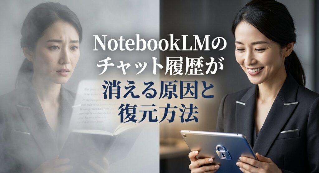 NotebookLMのチャット履歴が消える原因と復元方法に関するタイトルスライド