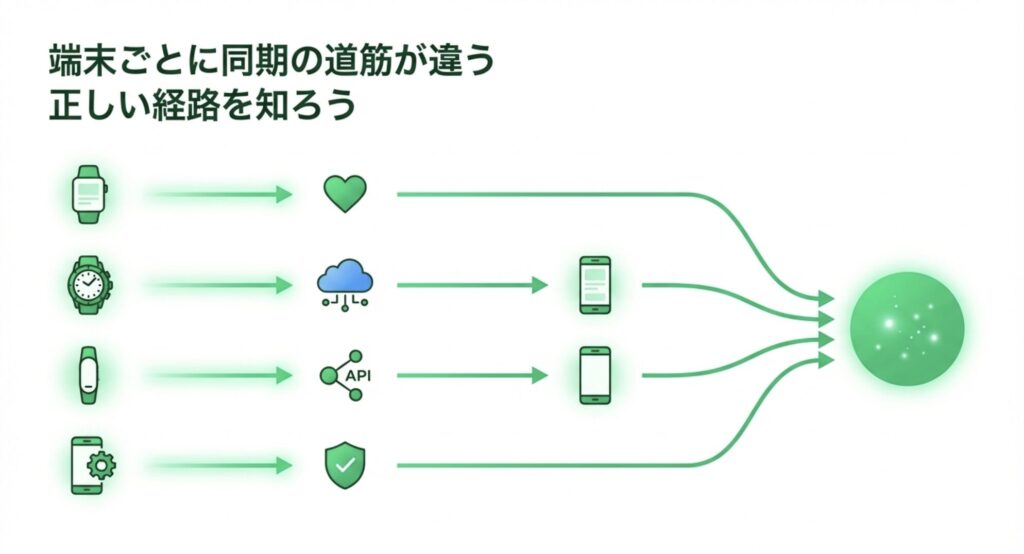 Apple WatchやGarminなど、端末ごとに異なるあすけんへのデータ同期経路を図解したスライド
