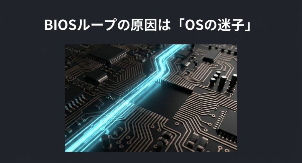 マザーボード上でOSが迷子になりBIOSループが発生しているイメージ