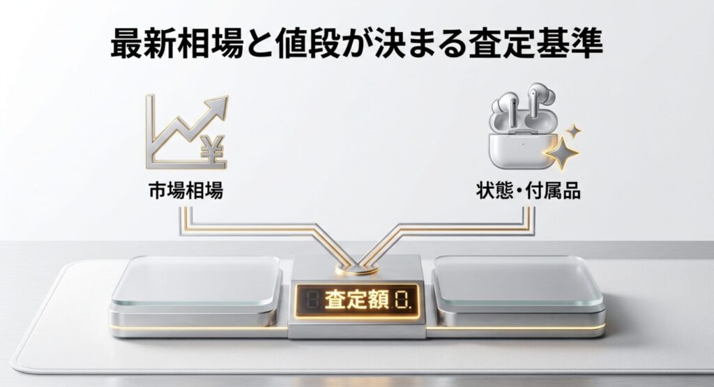 市場相場、状態、付属品によってイヤホンの買取査定額が決まる仕組みを示す図解