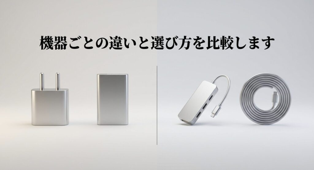 充電器やケーブルなど機器ごとの違いと選び方を比較するスライド画像