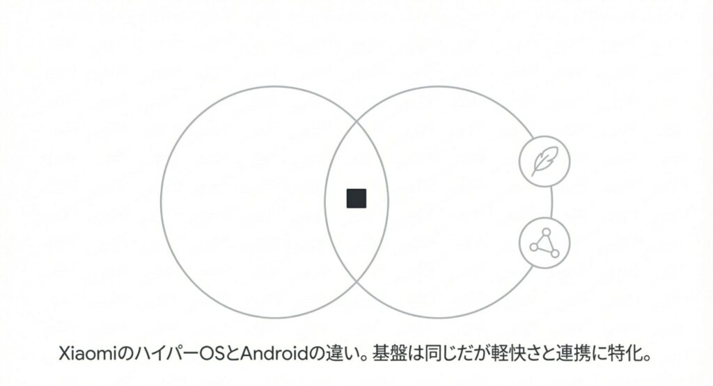 XiaomiのハイパーOSとAndroidの構造的な違いと特化している部分を示す図解