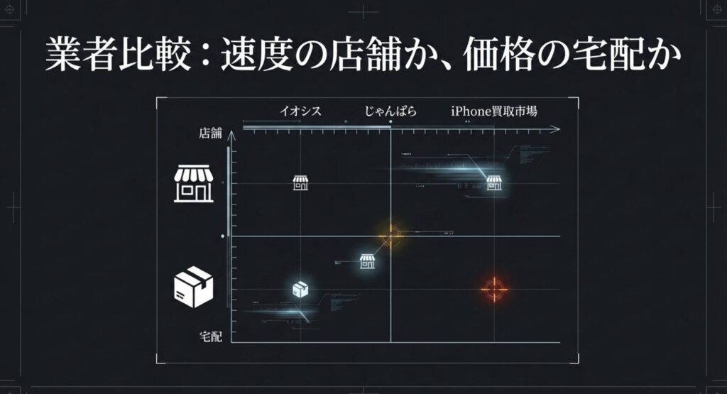 イオシス、じゃんぱら、iPhone買取市場など主要業者のスピードと価格を比較したマトリクス図