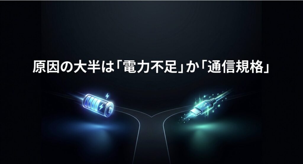 モバイルモニターの画面が映らない原因の多くは「電力不足」か「通信規格」にあることを説明するスライド。バッテリーアイコンのイラスト付き。