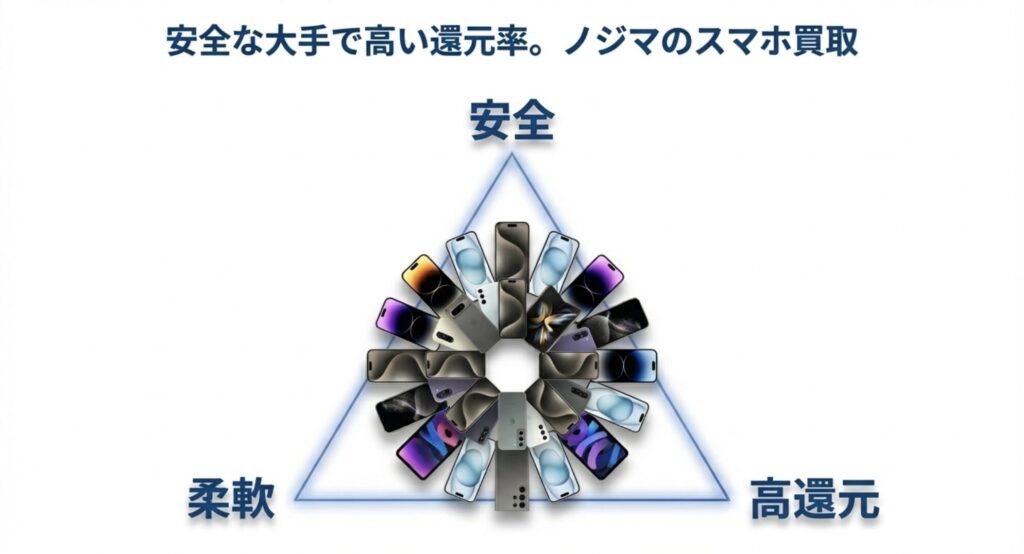 安全・柔軟・高還元の3つを掲げるノジマのスマホ買取の特徴図