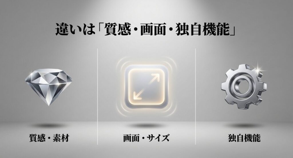 RuimenスマートウォッチH1とD1の3つの大きな違いである質感・画面・独自機能を示すスライド