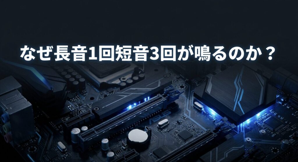 なぜ長音1回短音3回が鳴るのか? 原因はグラボの異常。CPU等は正常ですと解説されたスライド画像