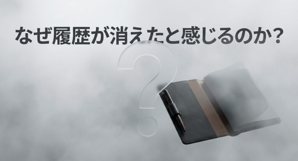NotebookLMのチャット履歴が消えたと感じる主な原因について解説するスライド