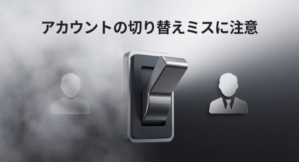 スイッチの切り替えイメージ画像と、複数アカウント利用時の切り替えミスへの注意喚起