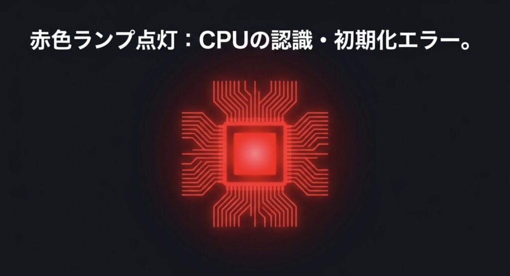 ASUSマザーボードで赤色ランプが点灯した際のCPU認識・初期化エラーを示す図