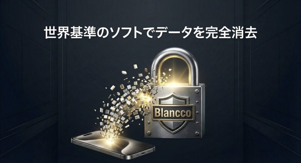 世界基準のデータ消去ソフトBlanccoを使用してスマホのデータを完全に消去しているイメージ