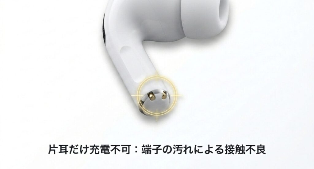片耳のワイヤレスイヤホンの画像。片耳だけ充電できない原因が端子の汚れによる接触不良であることを示すイメージ