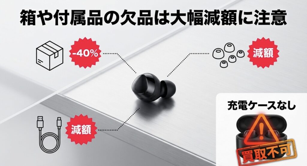 箱やイヤーピースなどの付属品欠品で約40%減額、充電ケースなしは買取不可になる注意喚起