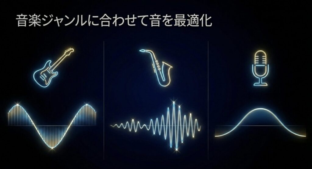 ロックやジャズなど音楽ジャンルに合わせて最適化されたイコライザーの波形イメージ