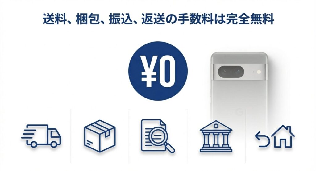送料、梱包、振込、返送の手数料が完全無料であることを示す図