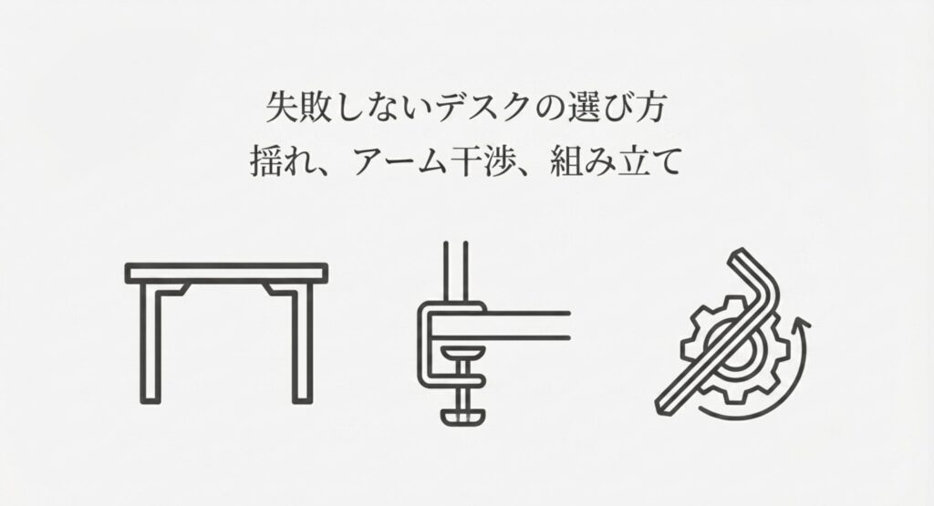 失敗しないデスクの選び方。揺れ、アーム干渉、組み立ての3つの重要なポイントを示すアイコンスライド