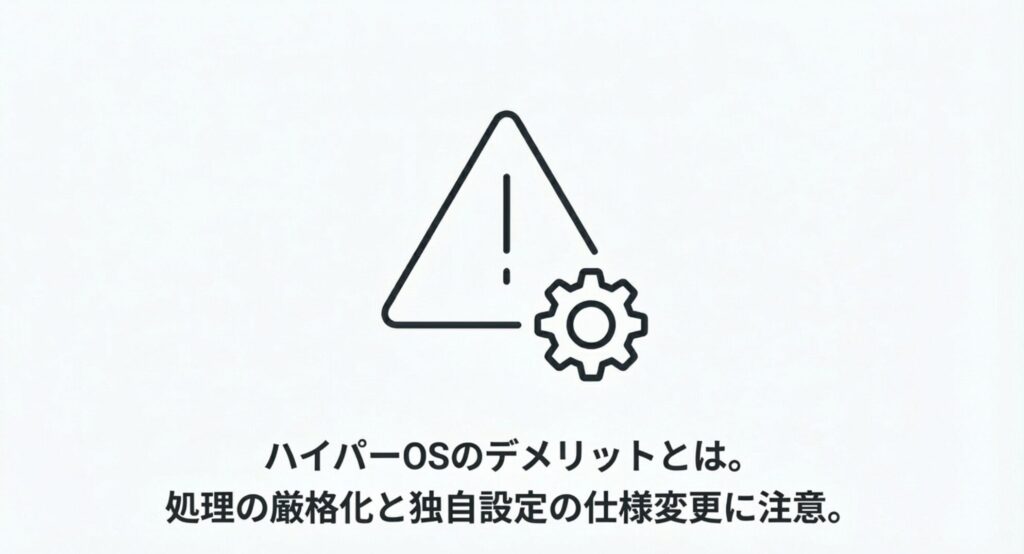 ハイパーOSの処理の厳格化と独自設定の仕様変更のデメリットを示す警告アイコン