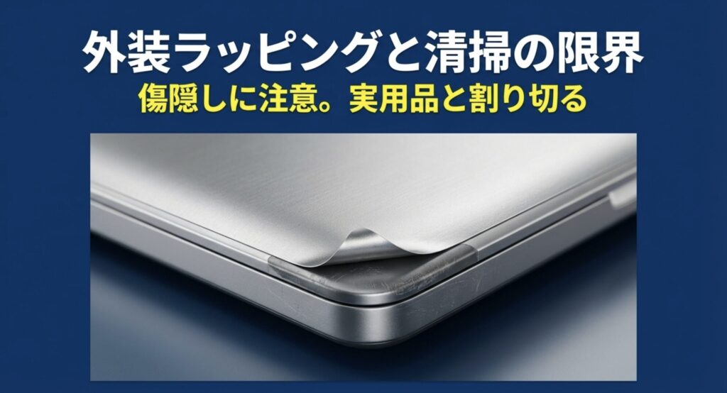 中古パソコンの傷隠し用外装ラッピングが角から不自然に剥がれている注意喚起の画像