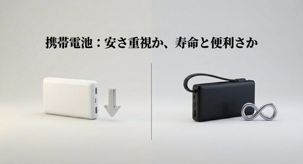 モバイルバッテリーを選ぶ基準として安さ重視か寿命と便利さかを比較するスライド画像